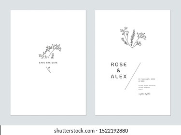 Minimalist wedding invitation card template design, floral black line art ink drawing bouquet on white