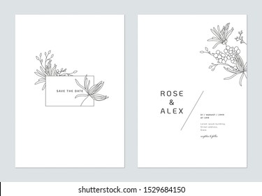 Minimalist wedding invitation card template design, floral black line art ink drawing decorated on rectangle frame on white