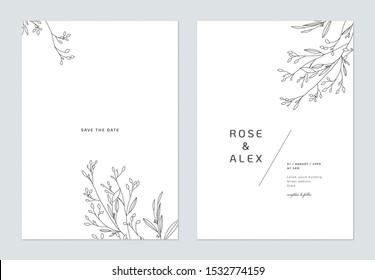 Minimalist wedding invitation card template design, floral black line art ink drawing on white