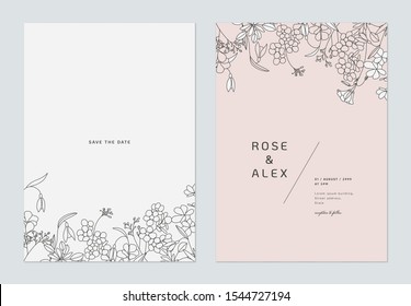 Minimalist Wedding Invitation Card Template Design, Floral Black Line Art Ink Drawing On Grey And Pink