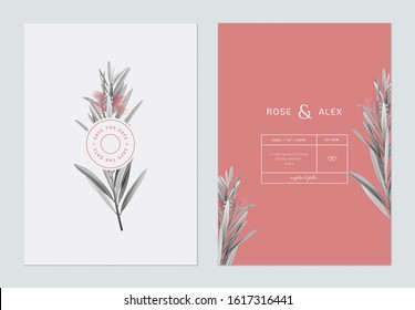 Minimalist wedding invitation card template design, bottle brush branches in grey and red tones