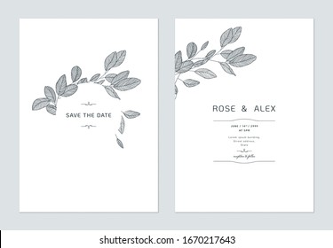 Minimalist wedding invitation card template design, eucalyptus line art ink drawing on white