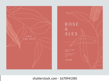 Minimalist wedding invitation card template design, leaves line art ink drawing in red tones