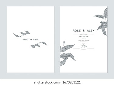 Minimalist wedding invitation card template design, eucalyptus leaves line art ink drawing on white