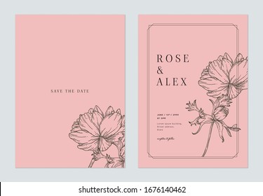 Minimalist wedding invitation card template design, anemone flowers line art ink drawing in dark grey on pink