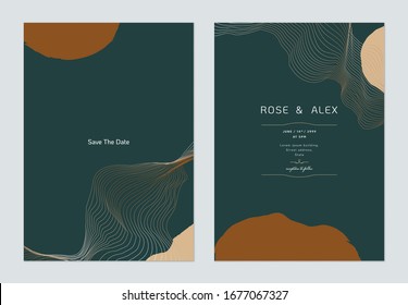 Minimalist wedding invitation card template design, abstract line art ink drawing in brown on dark green