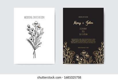 Minimalist wedding invitation card template design. Template, Frame with Delicate Flowers, Branches, Plants.
