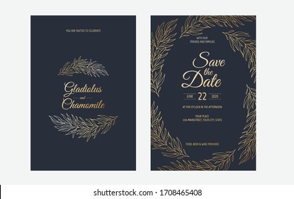 Diseño minimalista de la plantilla de la tarjeta de invitación a boda. Plantilla, Marco con Flores Delicadas, Ramas, Plantas.