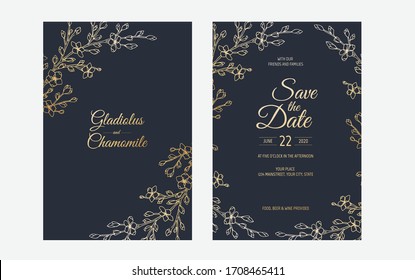 Minimalist wedding invitation card template design. Template, Frame with Delicate Flowers, Branches, Plants.