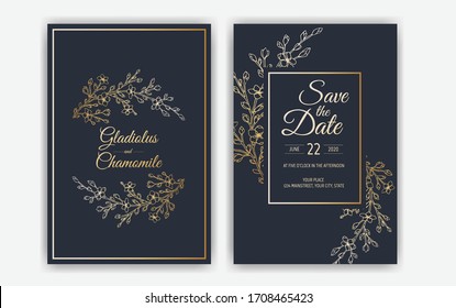 Minimalist wedding invitation card template design. Template, Frame with Delicate Flowers, Branches, Plants.