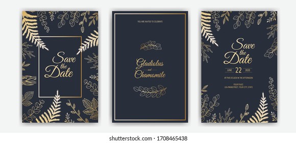 Minimalist wedding invitation card template design. Template, Frame with Delicate Flowers, Branches, Plants.