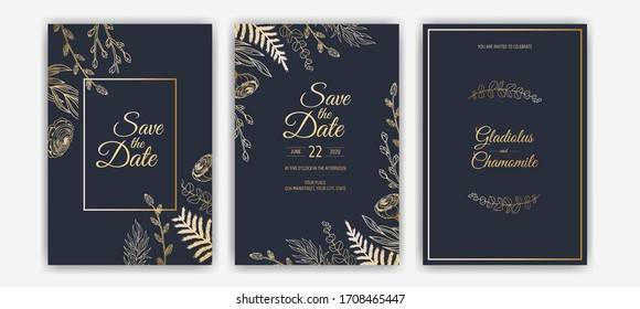 Minimalist wedding invitation card template design. Template, Frame with Delicate Flowers, Branches, Plants.