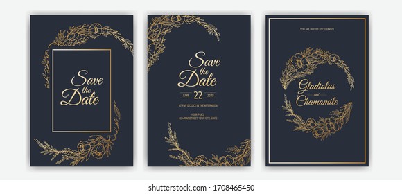 Minimalist wedding invitation card template design. Template, Frame with Delicate Flowers, Branches, Plants.