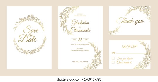 Minimalist wedding invitation card template design. Template, Frame with Delicate Flowers, Branches, Plants.