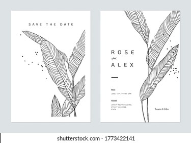 Minimalist wedding invitation card template design, heliconia leaves line art ink drawing on white