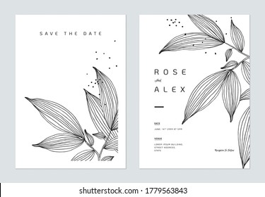 Minimalist wedding invitation card template design, leaves line art ink drawing on white