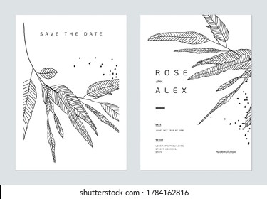 Minimalist Wedding Invitation Card Template Design, Eucalyptus Leaves Line Art Ink Drawing On White