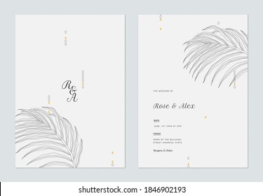 Minimalist wedding invitation card template design, line art illustration of palm leaves on grey