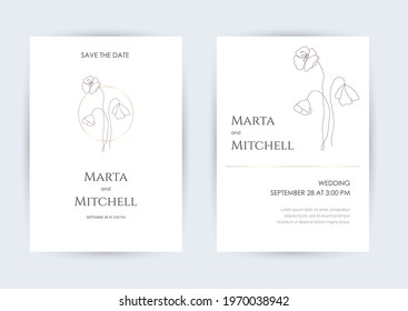 Minimalist wedding invitation card template design, golden line art drawing with triangle frame. Good for poster, card, invitation, flyer, cover, banner, placard, brochure and other graphic design.