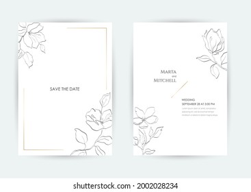 Minimalist wedding invitation card template design, golden line art drawing. Good for poster, card, invitation, flyer, cover, banner, placard, brochure and other graphic design.