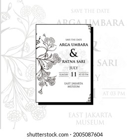 Minimalist wedding invitation card template design, floral black line art