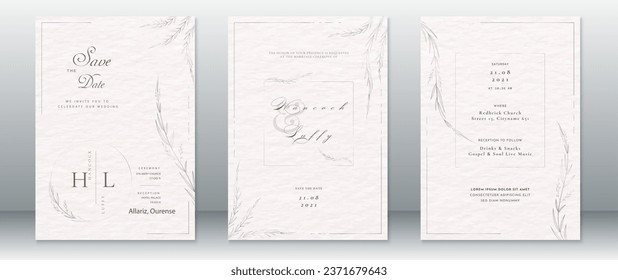 Minimalist wedding invitation card template natural design with leaf and white watercolor background