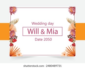 Minimalist wedding invitation card template design, floral black line art ink drawing bouquet decorated on line frame on white