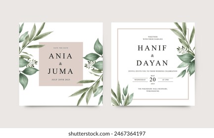 Minimalist wedding invitation card with watercolor leaves