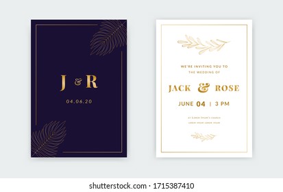 Minimalist wedding invitation cards. Luxury tropical leaf ornament simple frame brochure set, golden flyer design for wedding celebration. Isolated vector illustration