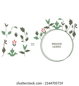 Minimalist wedding invitation floral card. Simple wreath wildflowers, stems, leaves on white background.  Vector illustration, greeting card, logo, branding design, poster, print, wedding invitation, 