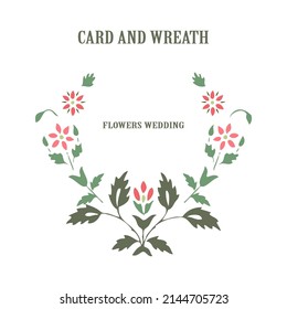 Minimalist wedding invitation floral card. Simple wildflowers, stems, leaves on white background. Vector illustration, greeting card, logo, branding design, poster, print, wedding invitation, birthday