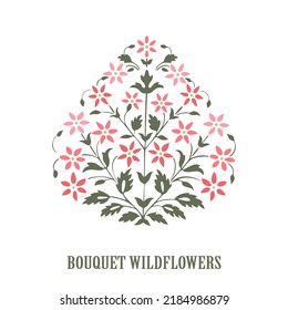 Minimalist wedding invitation floral card. Simple bush of wildflowers, stems, leaves on white background. Vector illustration, greeting card, logo, branding design, print, wedding invitation, birthday