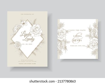 Minimalist wedding invitation with floral line art