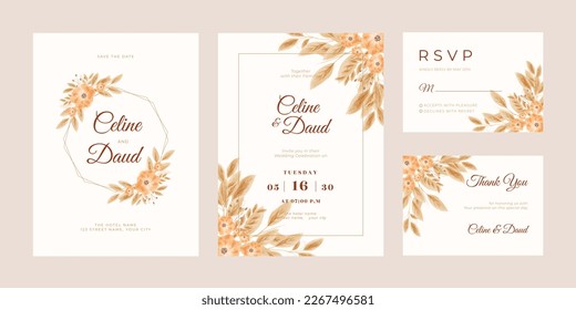 Minimalist wedding invitation with floral watercolor. beautiful watercolor wedding invitation template