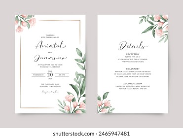 Invitación de boda minimalista con flores y hojas verdes