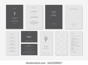 Conjunto de convites de casamento minimalista, elegante suíte de casamento com ilustrações de folha em relevo