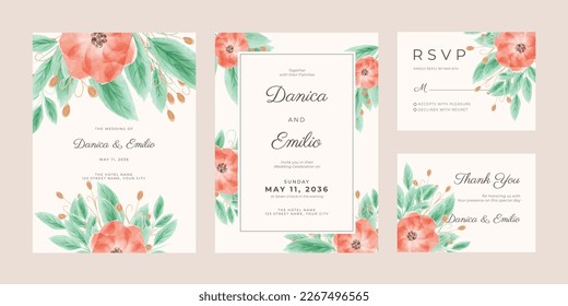 Minimalist wedding invitation template. Floral watercolor background template.