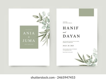 Minimalist wedding invitation template with green leaves