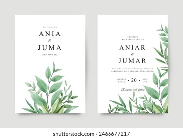 Minimalist wedding invitation template with green leaves