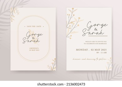Minimalist wedding invitation template with hand drawing flower watercolor
