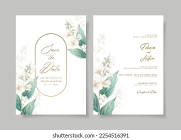 Minimalist wedding invitation template set with floral and leaves decoration