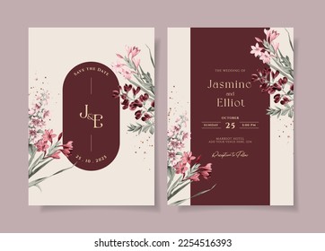 Plantilla de invitación a boda minimalista con decoración floral y de hojas