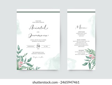 Minimalist wedding invitation template with watercolor floral
