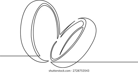 Anillo de boda minimalista ilustración de contorno de una línea en blanco donde dos anillos se apoyan juntos para formar una silueta de corazón sutil de unión romántica