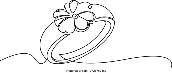 Anillo de boda minimalista ilustración de contorno de una línea en blanco que muestra una sola banda adornada con un delicado símbolo de flor floreciente para los amantes del romance y la naturaleza