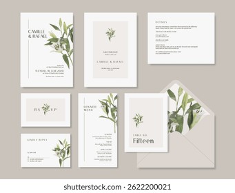 Minimalist wedding stationery template with a beautiful watercolor floral illustration.