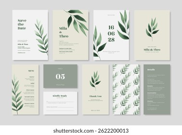 Minimalist wedding suite with greenery leaf illustrations. A simple and minimalist wedding stationery template.