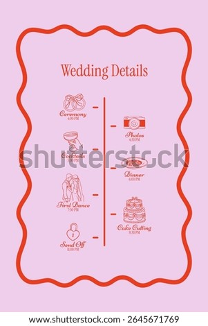 Minimalist wedding timeline with linear icons and clean layout. Simple ceremony schedule in doodle colorful pink style. Perfect for modern weddings, printable plans, event signage.	
