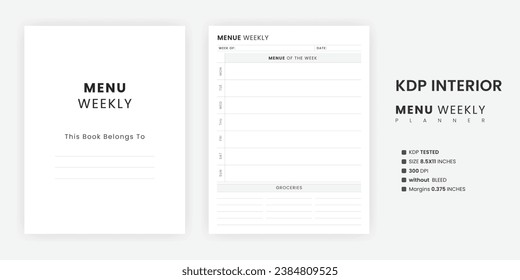 Minimalist Weekly Menu Planner Template for Home and Restaurant with Grocery List Printable KDP