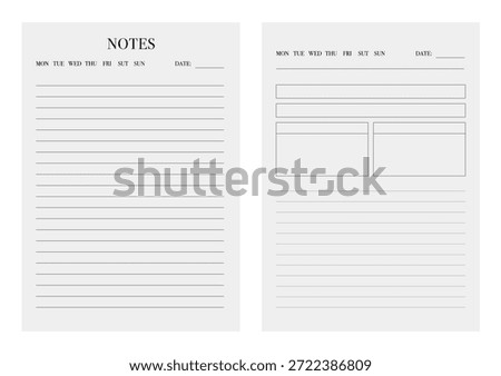 Minimalist Weekly Notes Planner Template with Lined Pages and Structured Sections, Black and White Printable Layout for Journal, Notebook, Study and Work Planning